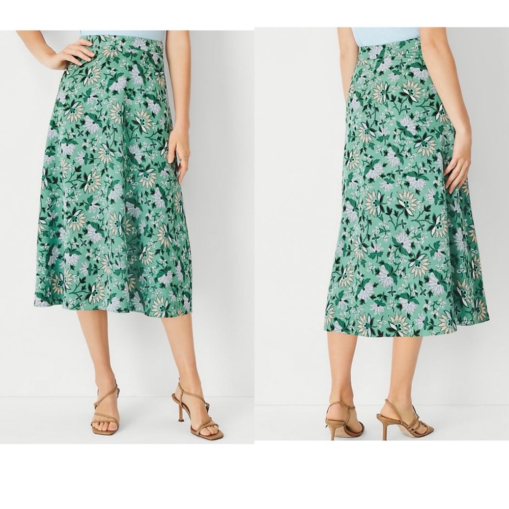Ann Taylor Floral Green Blue‎ Midi Skirt Womens Size 10 Spring Side Zipper NEW